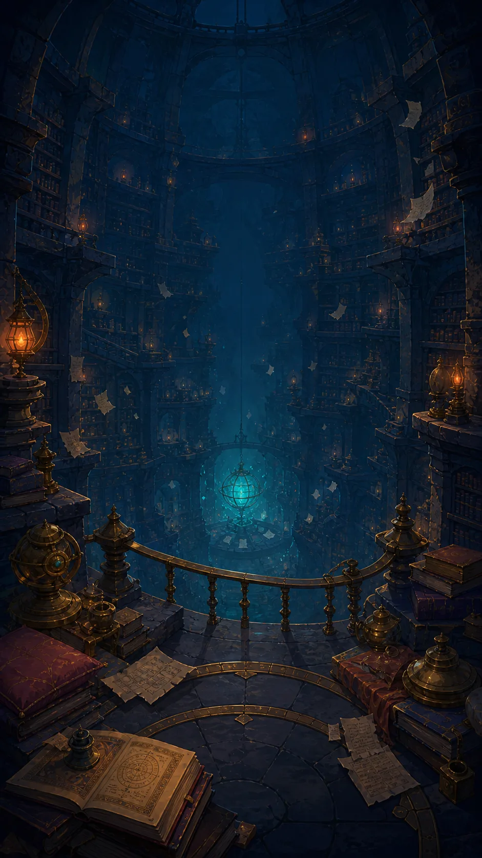 A vast archive arranged around a luminous memory sphere